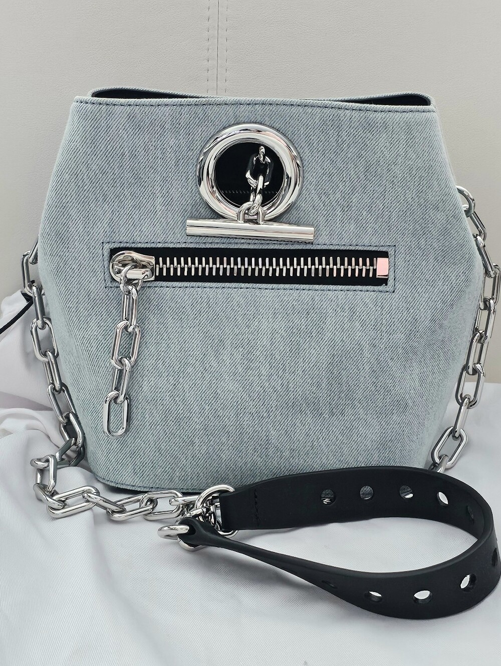 Alexander Wang Riot Denim Light Blue and Black Bucket Bag with Chain Strap